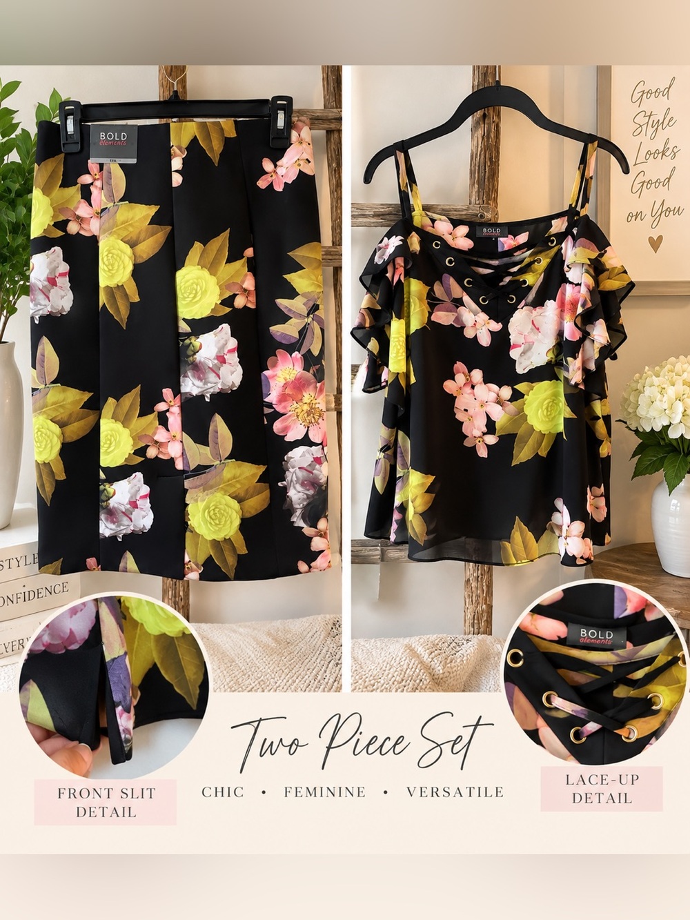 BOLD Elements Black Floral Two-Piece Top & Skirt Set